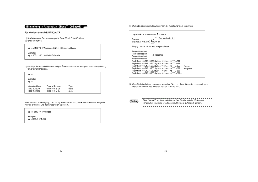 Samsung SNS-110P manual Einstellung in Ä thernetz 10BaseT/100BaseT, Für Windows 95/98/ME/NT/2000/XP 