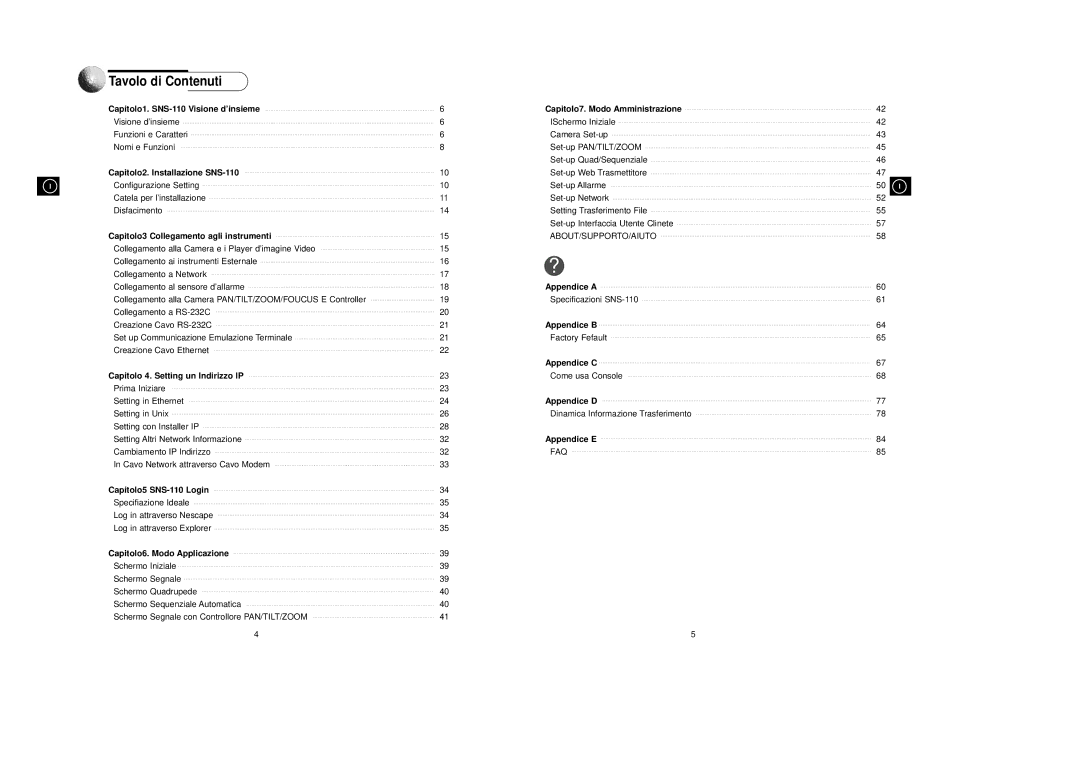 Samsung SNS-110P manual Tavolo di Contenuti, Capitolo2. Installazione SNS-110 