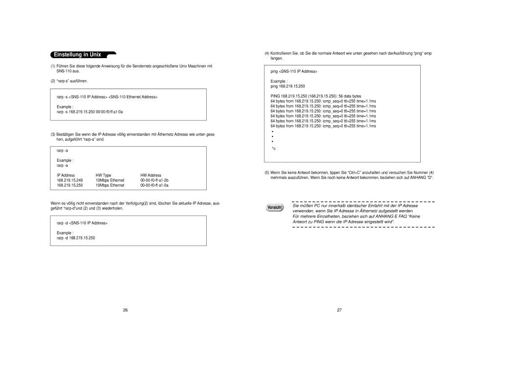 Samsung SNS-110P manual Einstellung in Unix, Antwort zu Ping wenn die IP Adresse eingestellt wird 