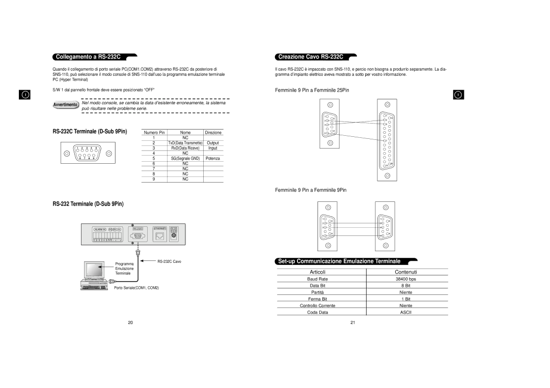 Samsung SNS-110P manual Collegamento a RS-232C, Creazione Cavo RS-232C, Set-up Communicazione Emulazione Terminale 