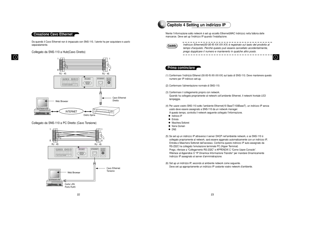 Samsung SNS-110P manual Capitolo 4 Setting un indirizzo IP, Creazione Cavo Ethernet, Prima cominciare 