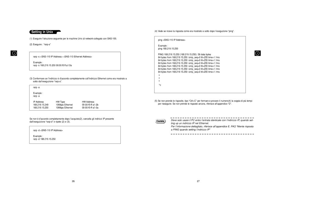 Samsung SNS-110P manual Setting in Unix, Ting up un indirizzo IP nel Ethernet, Ping quando setting l’indirizzo IP 