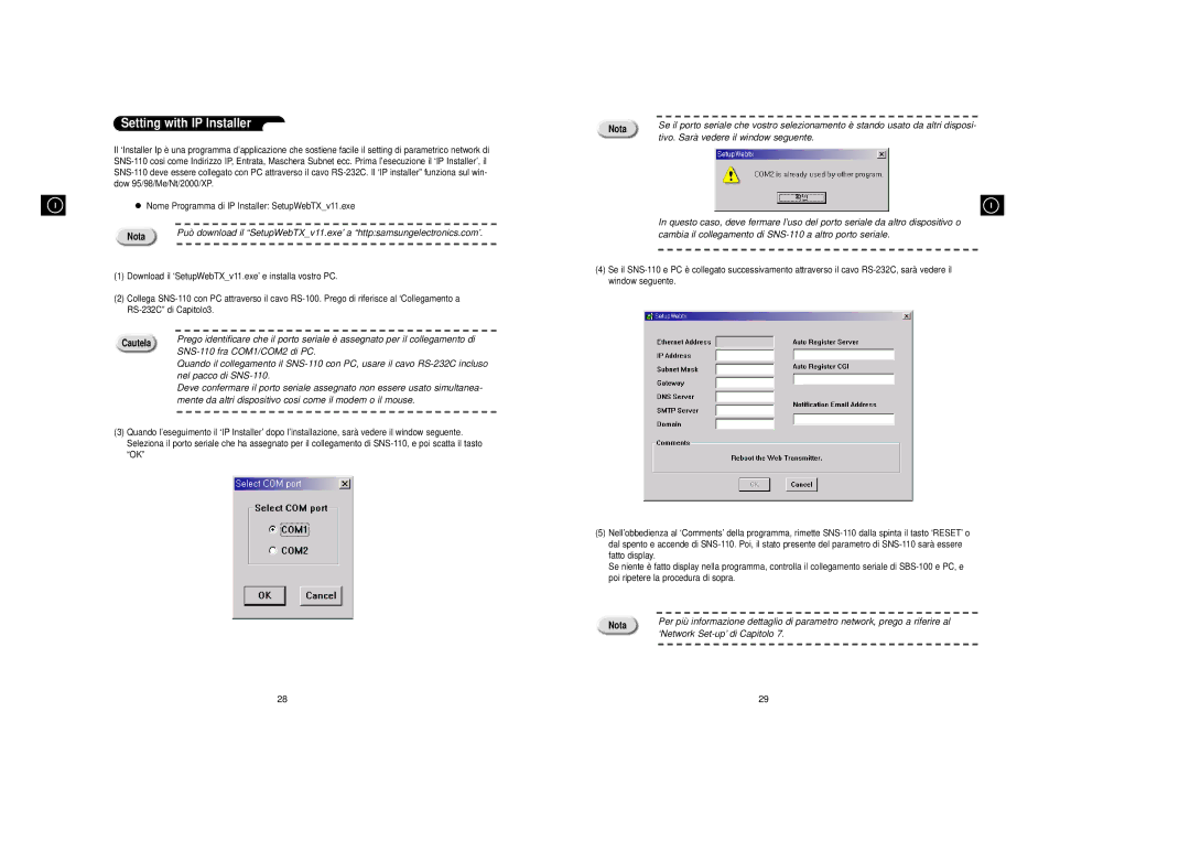 Samsung SNS-110P manual Setting with IP Installer, SNS-110 fra COM1/COM2 di PC, Nel pacco di SNS-110 