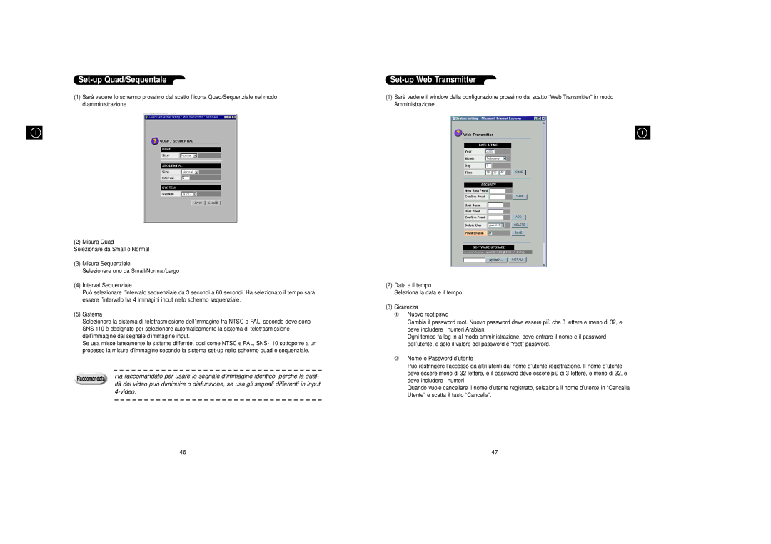 Samsung SNS-110P manual Set-up Quad/Sequentale, Set-up Web Transmitter, Video 