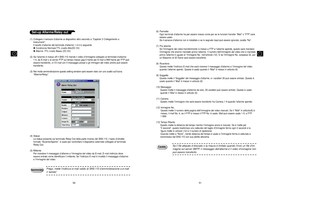 Samsung SNS-110P manual Set-up Allarme/Relay out, Il ‘sender’, Può essere transferito 