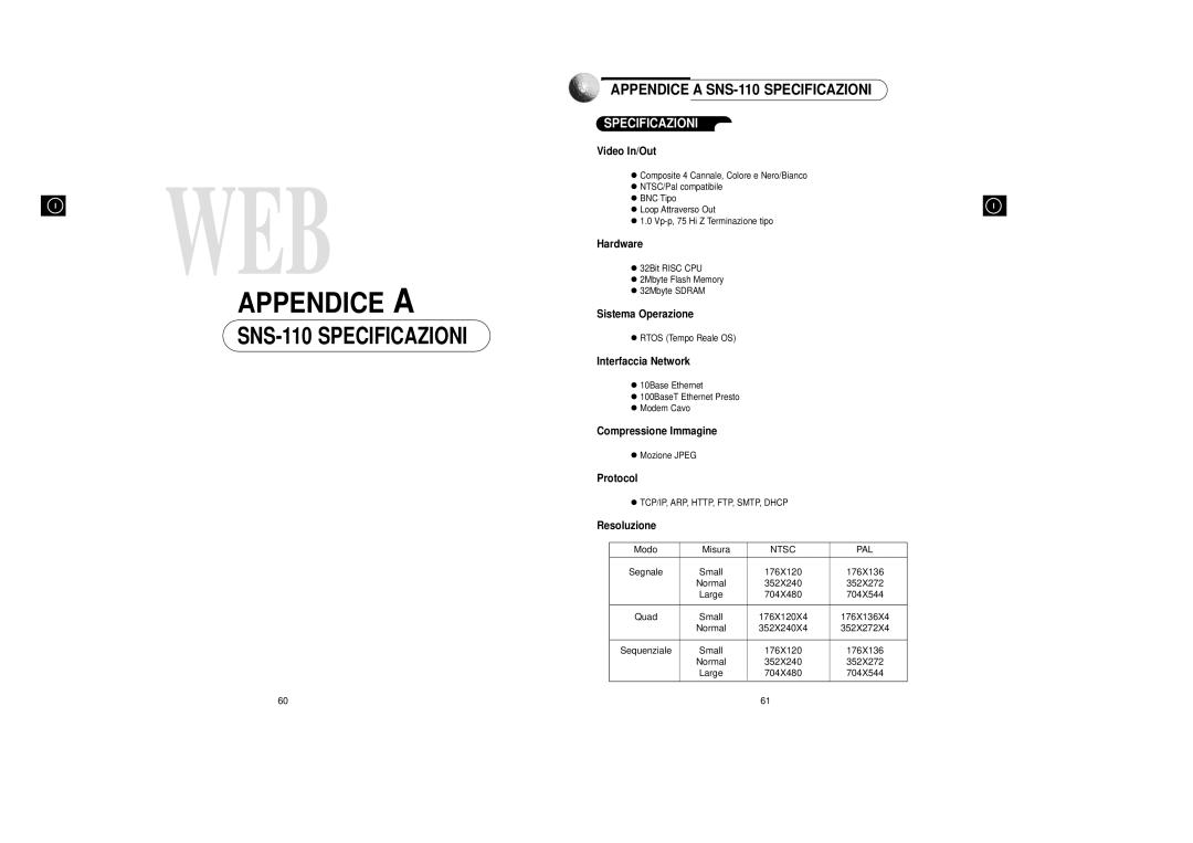 Samsung SNS-110P manual Video In/Out, Sistema Operazione, Interfaccia Network, Compressione Immagine, Protocol, Resoluzione 