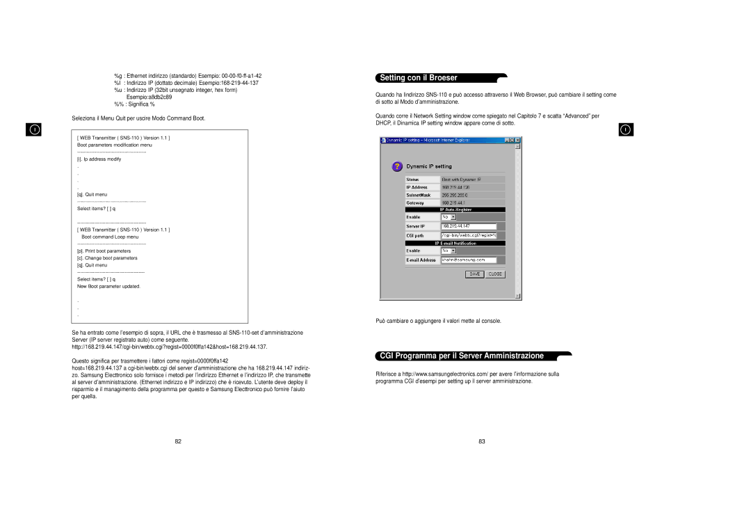 Samsung SNS-110P manual Setting con il Broeser, CGI Programma per il Server Amministrazione 