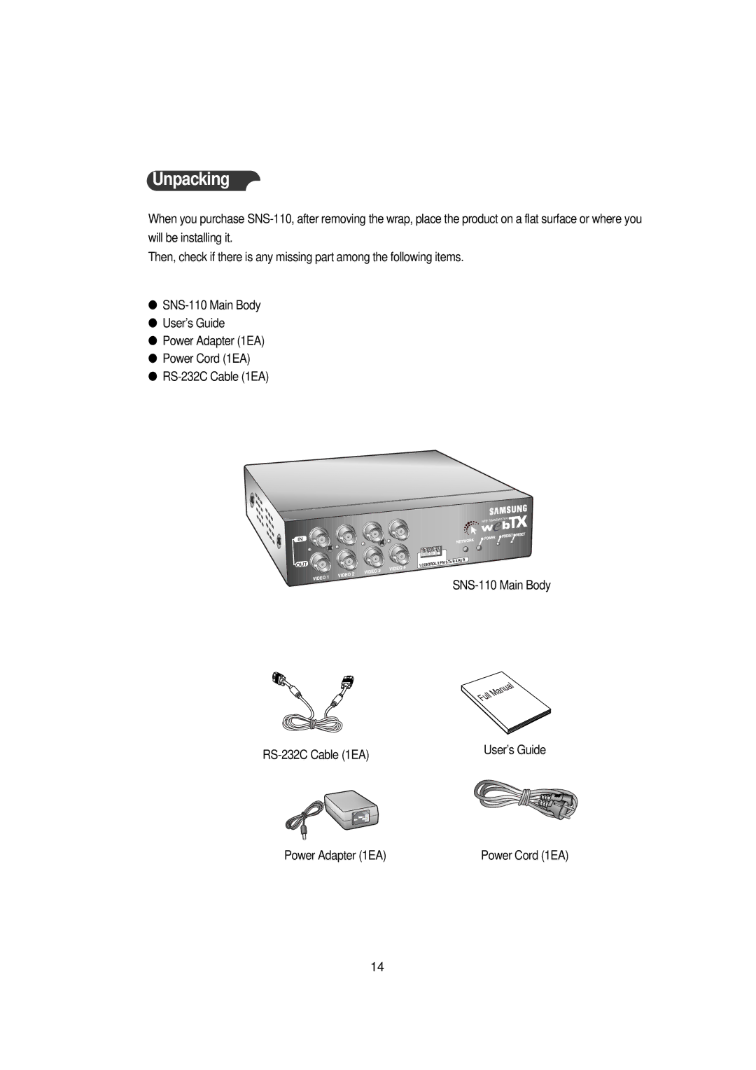 Samsung SNS-110P manual Unpacking 