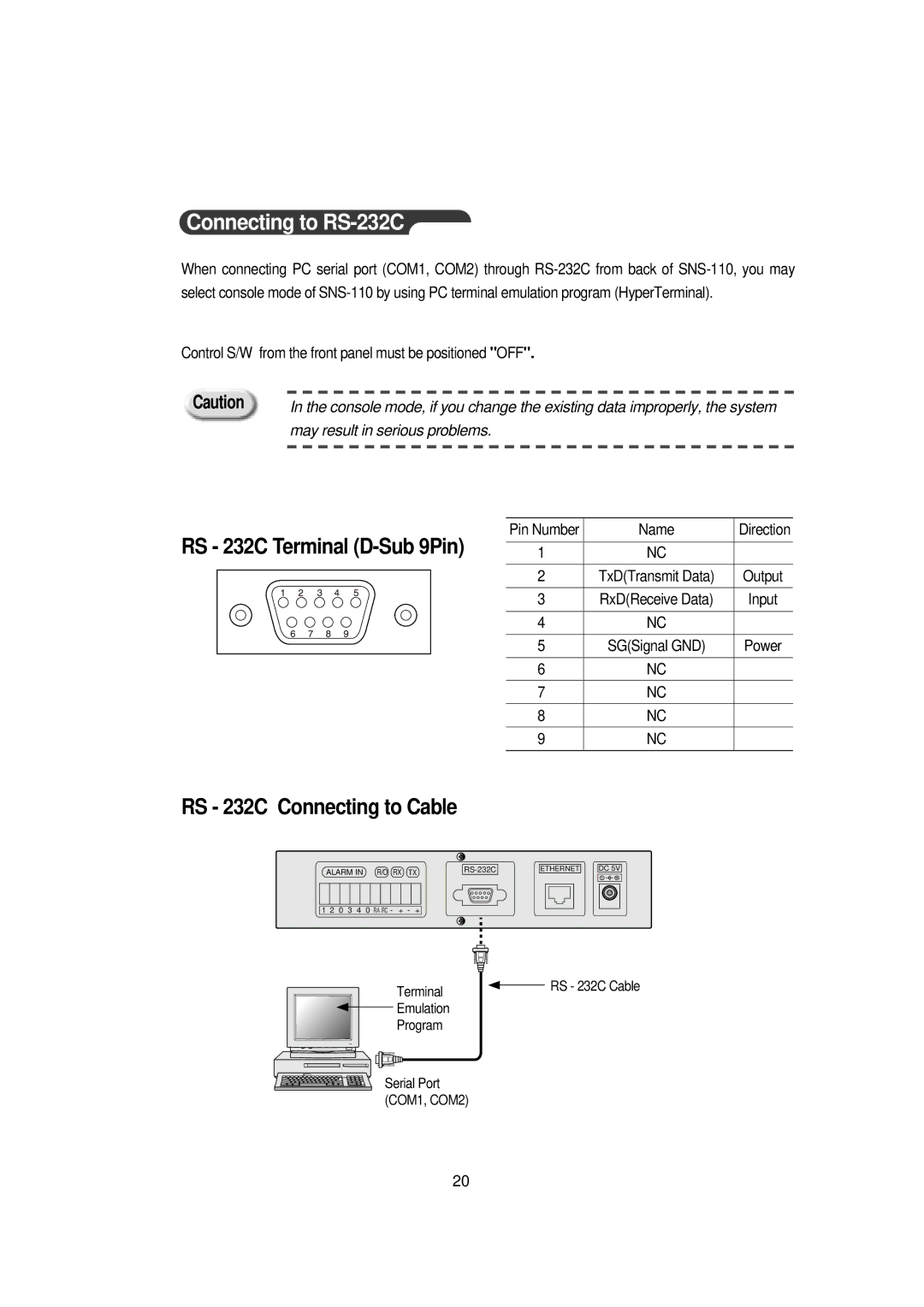 Samsung SNS-110P manual Connecting to RS-232C, RS 232C Terminal D-Sub 9Pin RS 232C Connecting to Cable 