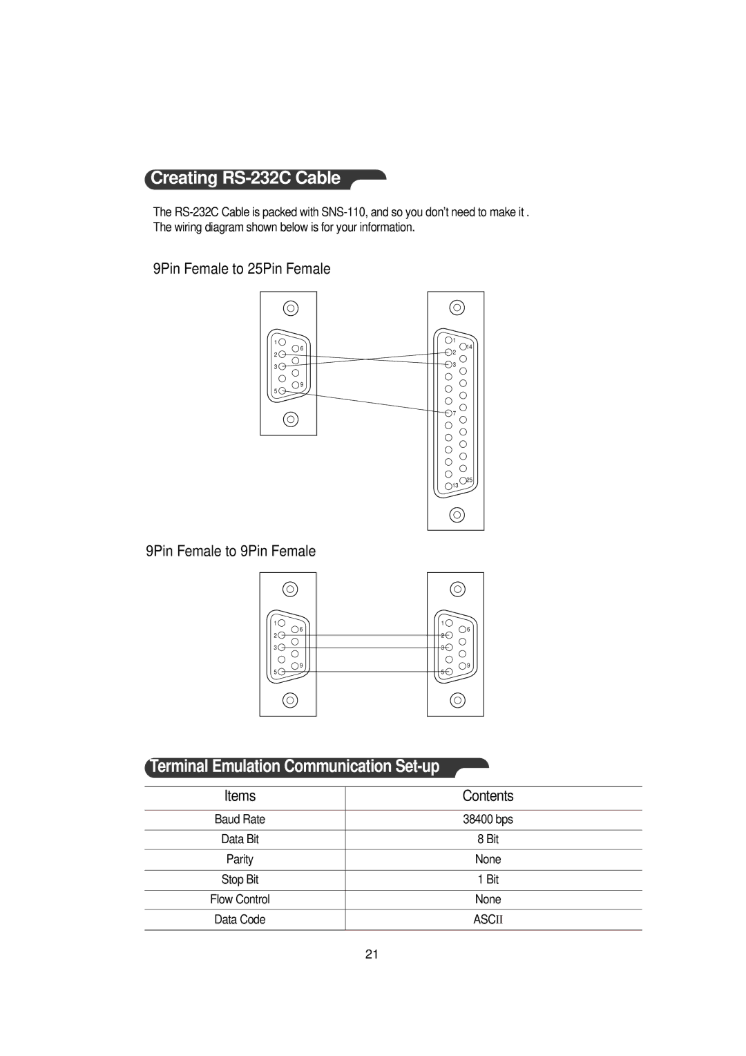 Samsung SNS-110P manual Creating RS-232C Cable, Terminal Emulation Communication Set-up 