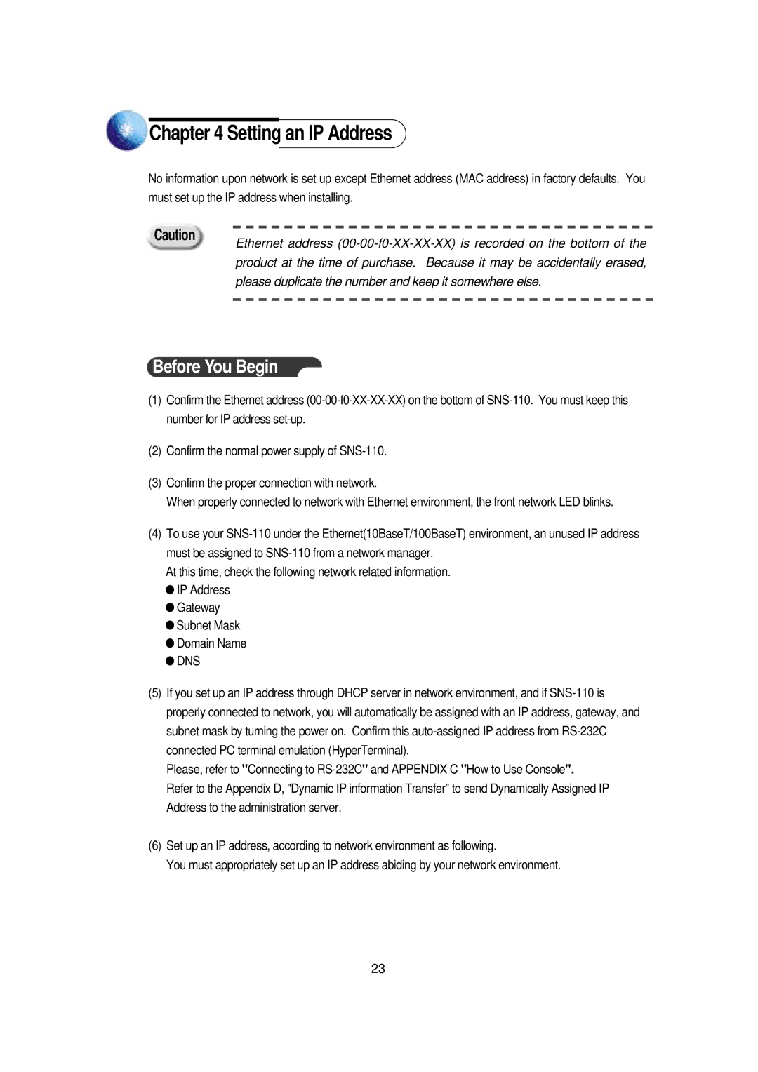 Samsung SNS-110P manual Setting an IP Address, Before You Begin 