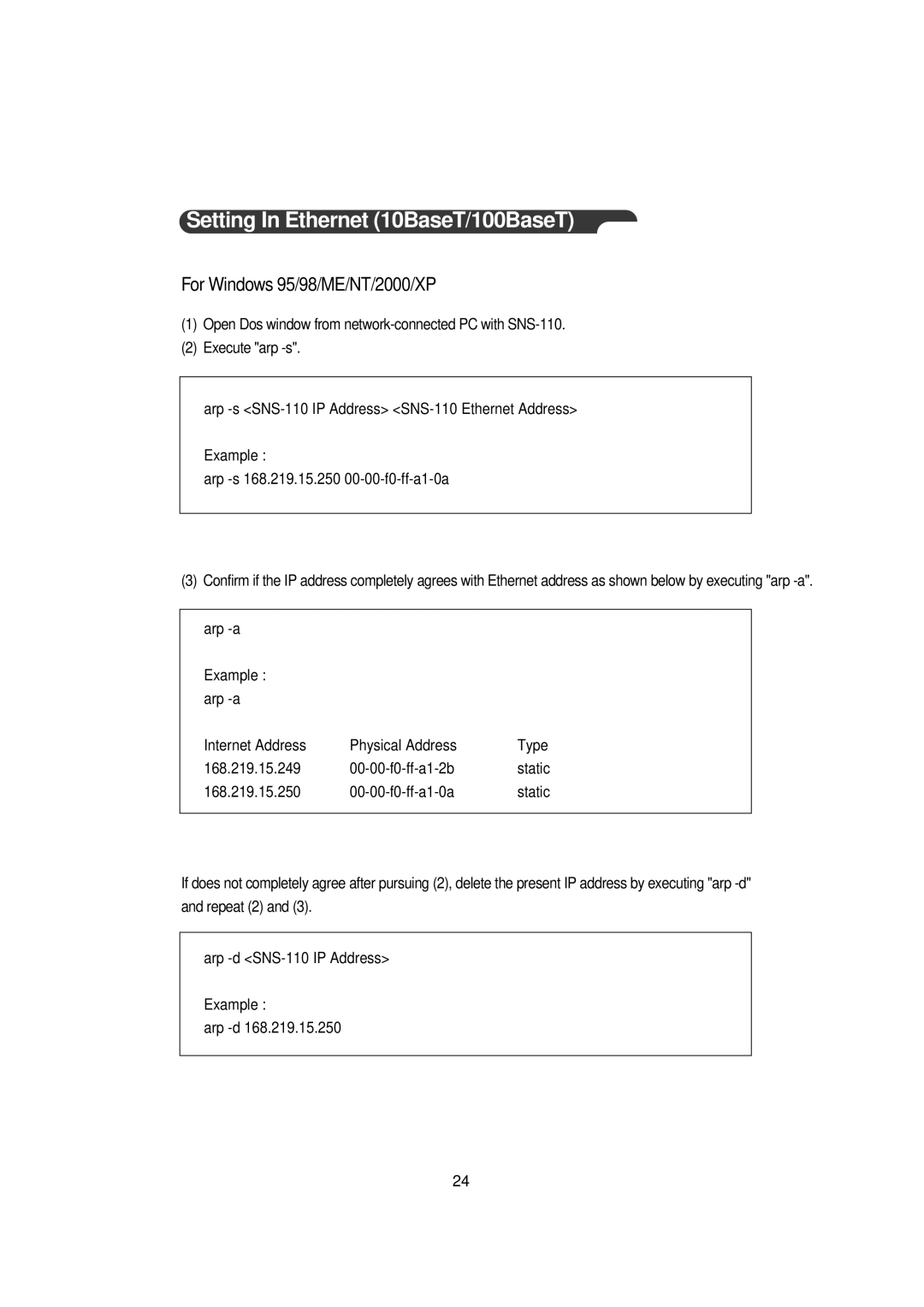 Samsung SNS-110P manual Setting In Ethernet 10BaseT/100BaseT, For Windows 95/98/ME/NT/2000/XP 