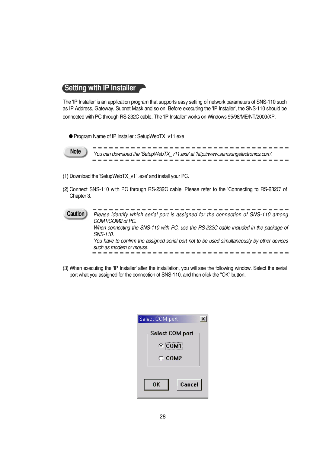 Samsung SNS-110P manual Setting with IP Installer 