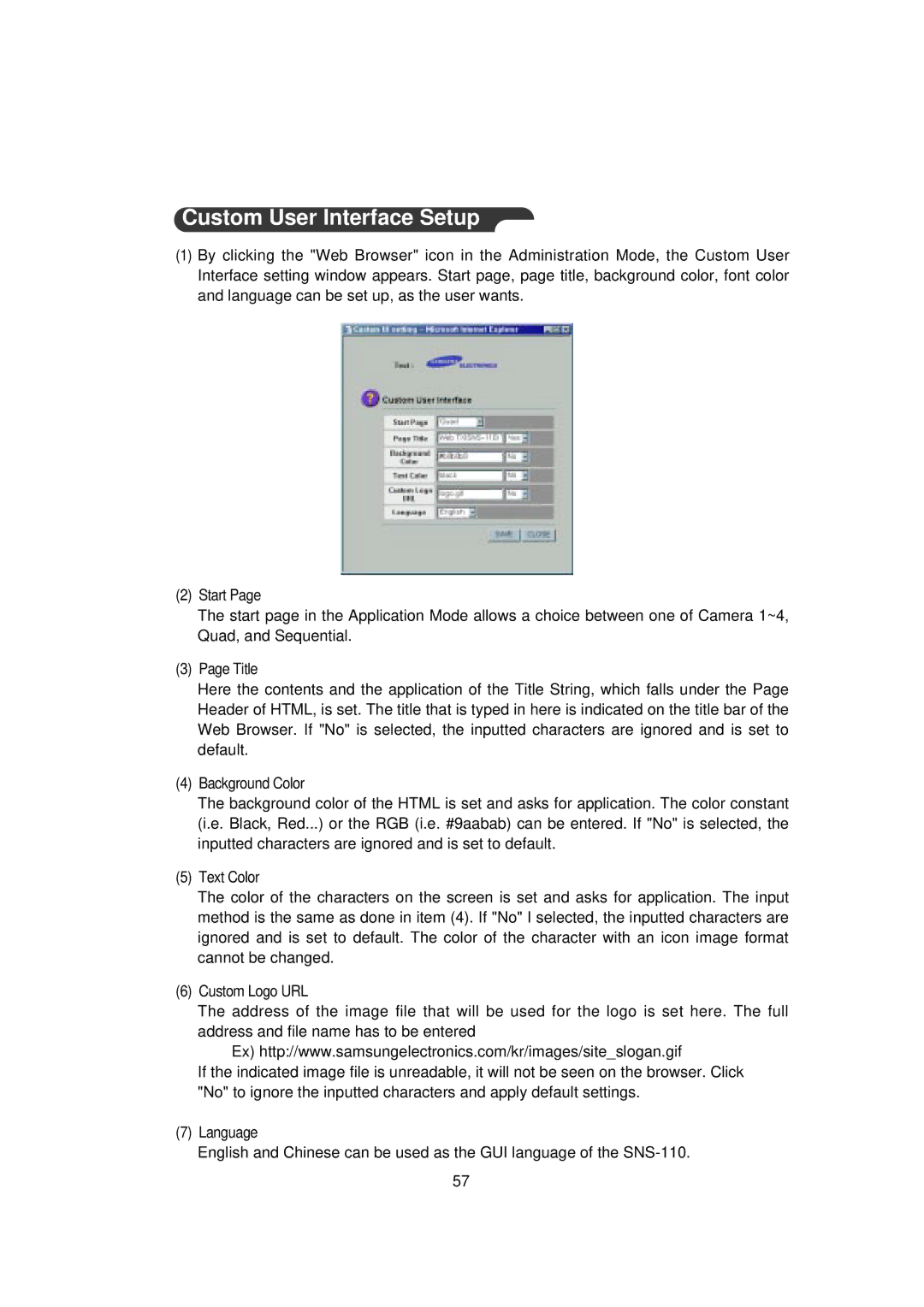 Samsung SNS-110P manual Custom User Interface Setup 