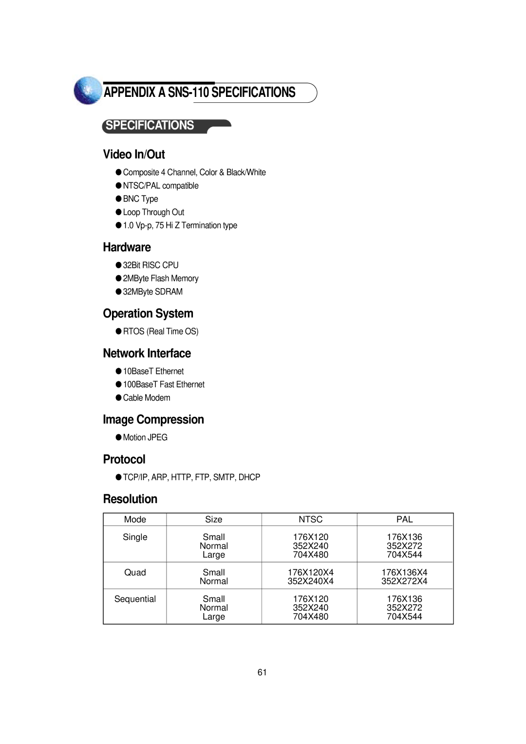 Samsung SNS-110P manual Appendix a SNS-110 Specifications 