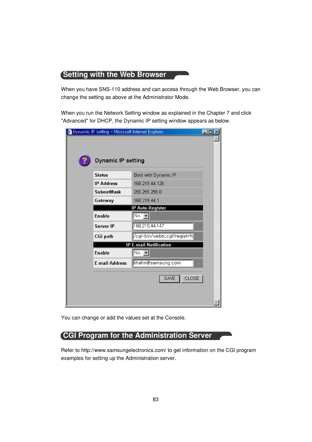 Samsung SNS-110P manual Setting with the Web Browser, CGI Program for the Administration Server 