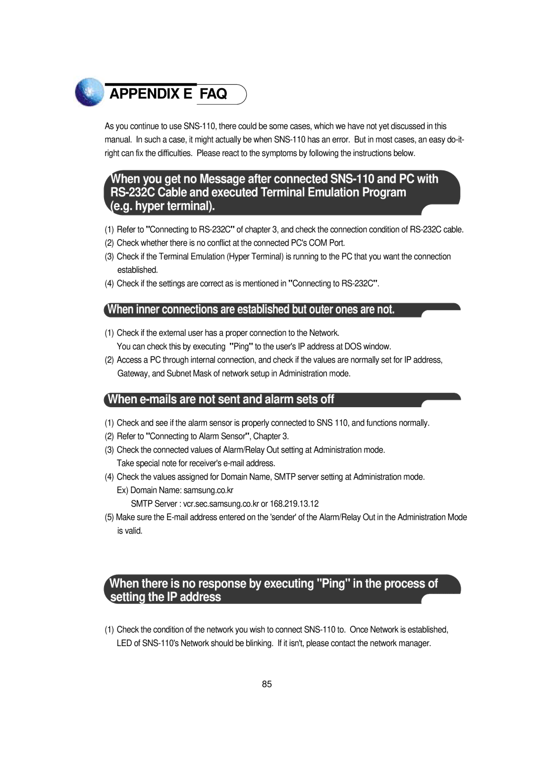 Samsung SNS-110P manual Appendix E FAQ, When e-mails are not sent and alarm sets off 