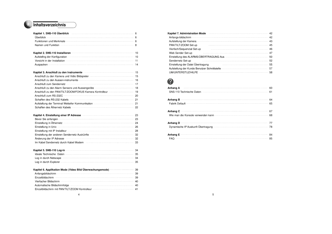 Samsung SNS-110P manual Inhaltsverzeichnis, Kapitel 1. SNS-110 Überblick Kapitel 7. Administration Mode 