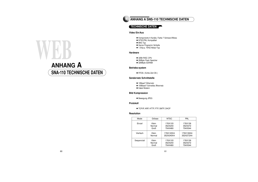 Samsung SNS-110P manual Video Ein/Aus, Hardware, Betriebs-system, Sendernetz Schnittstelle, Bild Kompression, Protokoll 