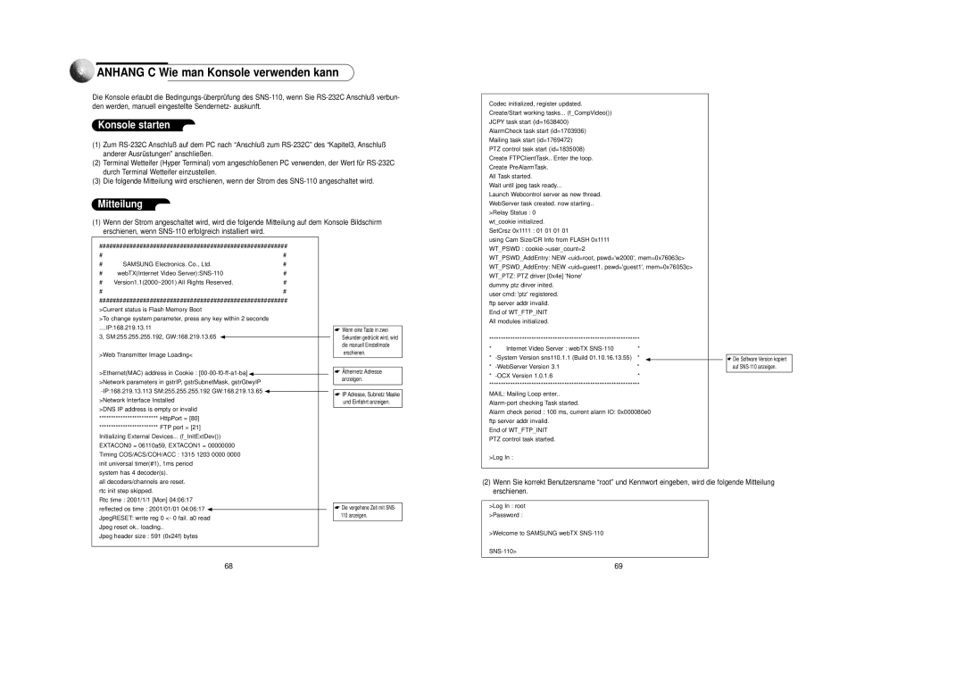 Samsung SNS-110P manual Anhang C Wie man Konsole verwenden kann, Konsole starten, Mitteilung 