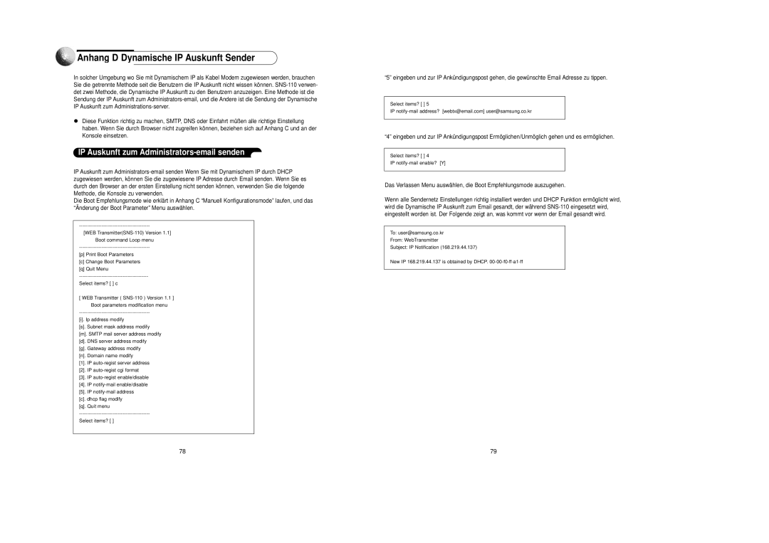 Samsung SNS-110P manual Anhang D Dynamische IP Auskunft Sender, IP Auskunft zum Administrators-email senden 