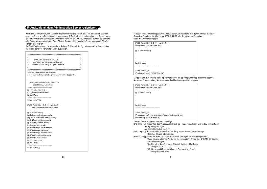 Samsung SNS-110P manual IP Auskunft mit dem Administration Server registrieren 