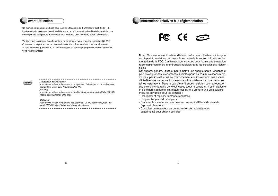 Samsung SNS-110P manual Avant Utilisation, Informations relatives à la ré glementation 