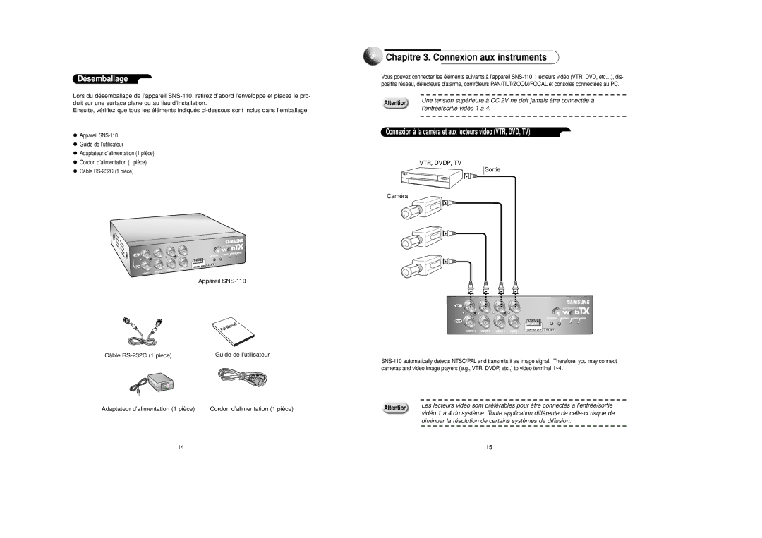 Samsung SNS-110P manual Chapitre 3. Connexion aux instruments, Dé semballage 