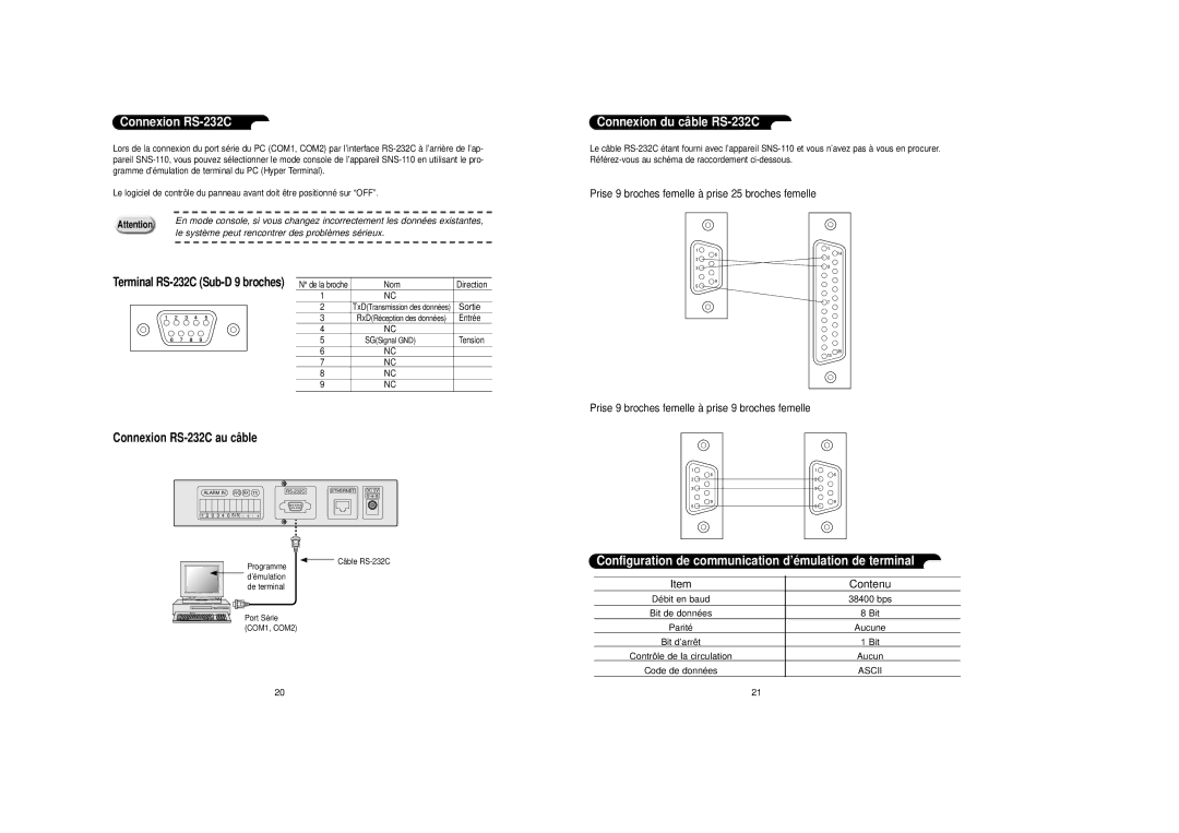 Samsung SNS-110P Connexion RS-232C, Connexion du câ ble RS-232C, Configuration de communication d’é mulation de terminal 