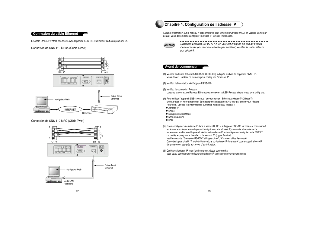 Samsung SNS-110P Chapitre 4. Configuration de l’adresse IP, Connexion du câ ble Ethernet, Avant de commencer, Par sécurité 