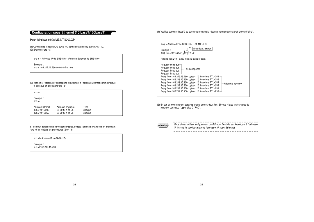 Samsung SNS-110P manual Configuration sous Ethernet 10 baseT/100baseT, Pour Windows 95/98/ME/NT/2000/XP 