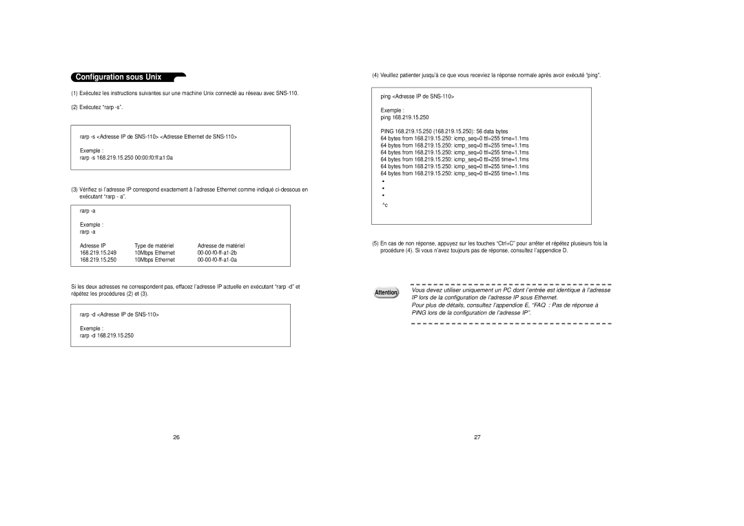 Samsung SNS-110P manual Configuration sous Unix, IP lors de la configuration de l’adresse IP sous Ethernet 