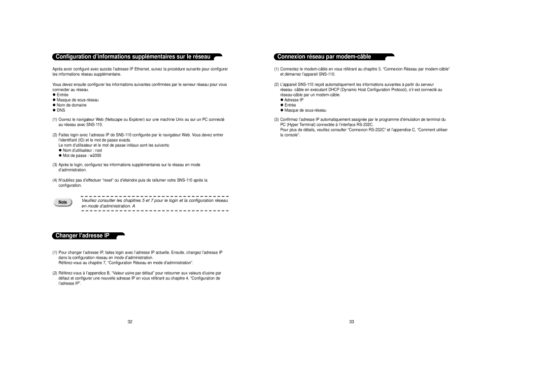 Samsung SNS-110P manual Changer l’adresse IP, Connexion ré seau par modem-câ ble 