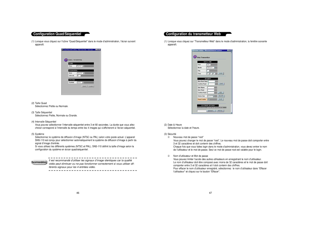 Samsung SNS-110P manual Configuration Quad/Sé quentiel, Configuration du transmetteur Web 