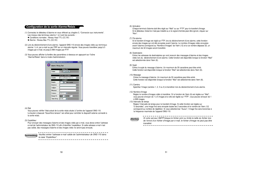 Samsung SNS-110P manual Configuration de la sortie Alarme/Relais, La case Expéditeur, Transféré 