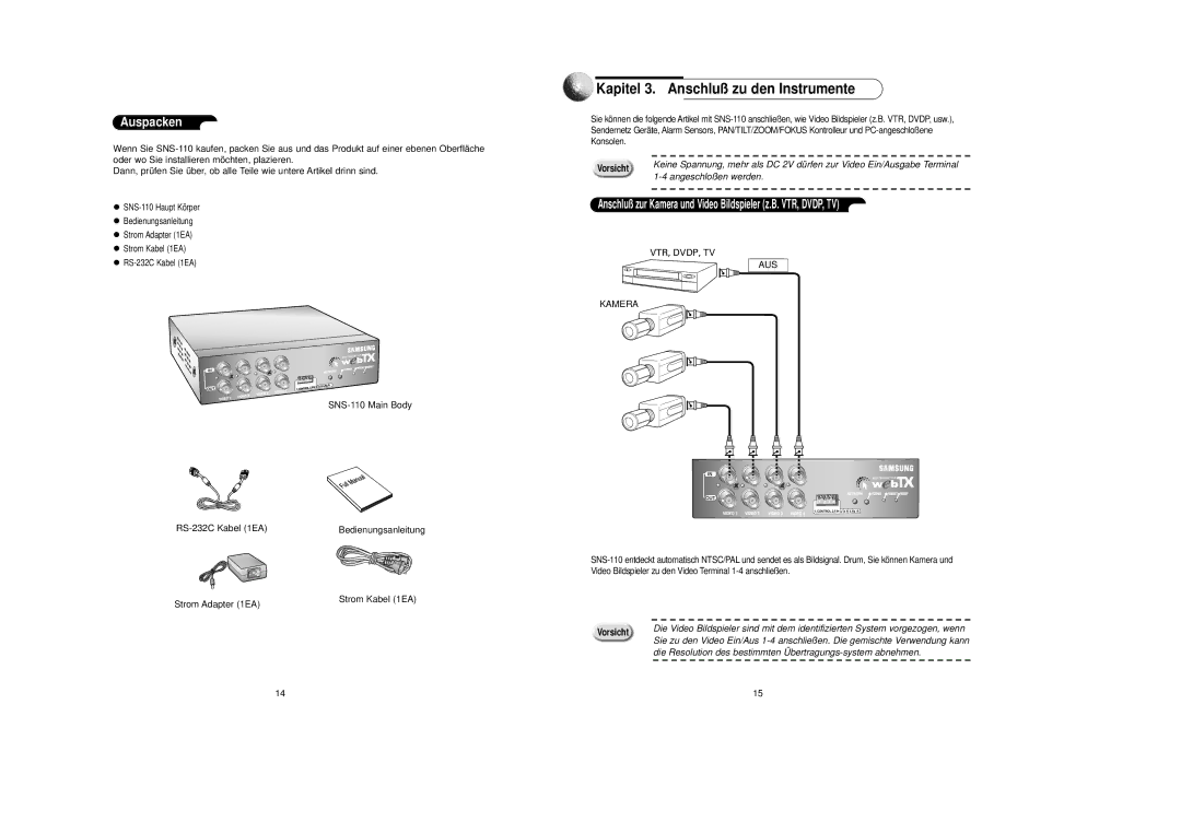 Samsung SNS-110P manual Kapitel 3. Anschluß zu den Instrumente, Auspacken, Angeschloßen werden 