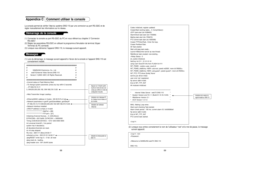 Samsung SNS-110P manual Appendice C Comment utiliser la console, Dé marrage de la console, Messages 