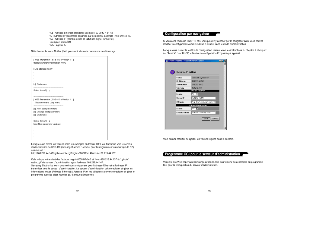 Samsung SNS-110P manual Configuration par navigateur, Programme CGI pour le serveur d’administration 