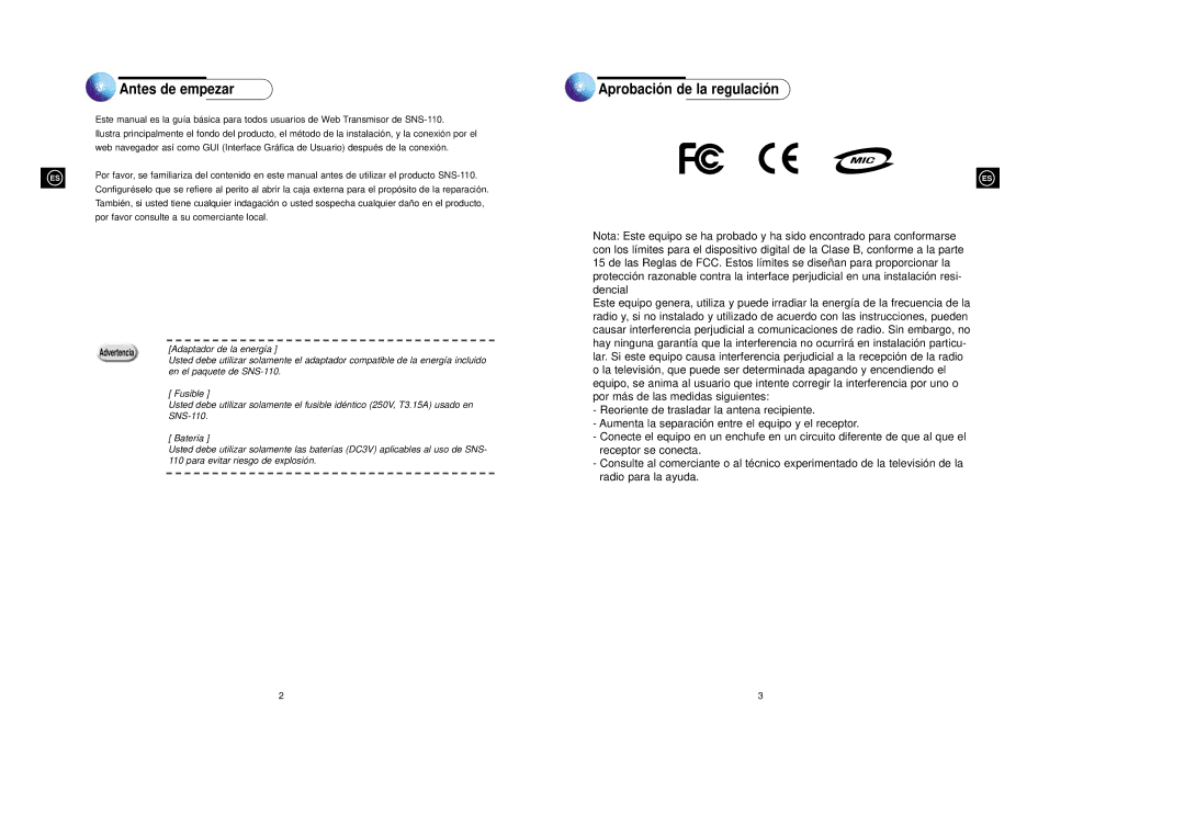 Samsung SNS-110P manual Antes de empezar, Aprobació n de la regulació n, Adaptador de la energía, En el paquete de SNS-110 