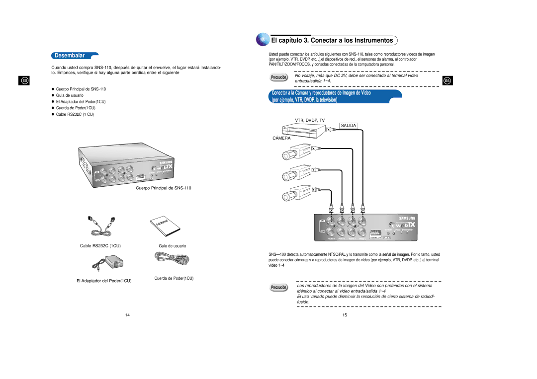 Samsung SNS-110P El capítulo 3. Conectar a los Instrumentos, Desembalar, Idéntico al conectar al video entrada/salida 1~4 