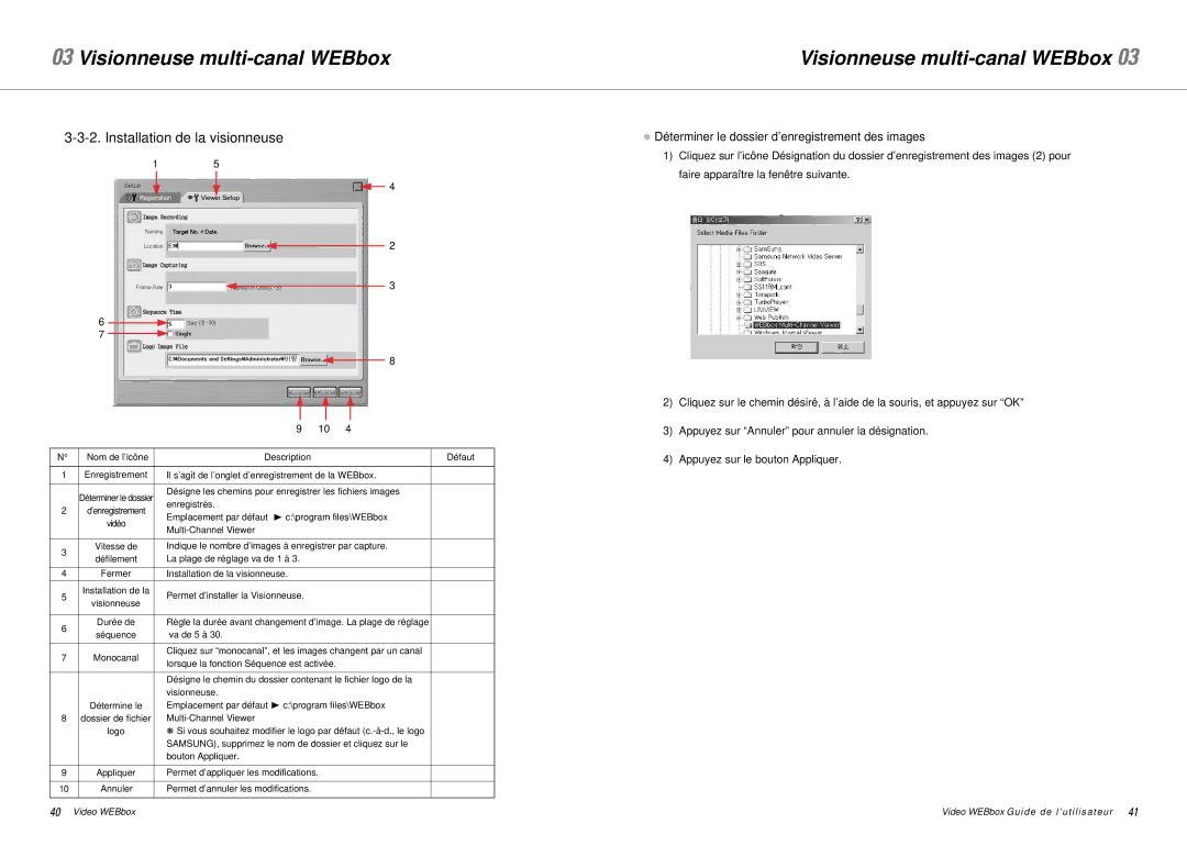 Samsung SNS-200P manual Installation de la visionneuse, Déterminer le dossier d’enregistrement des images 