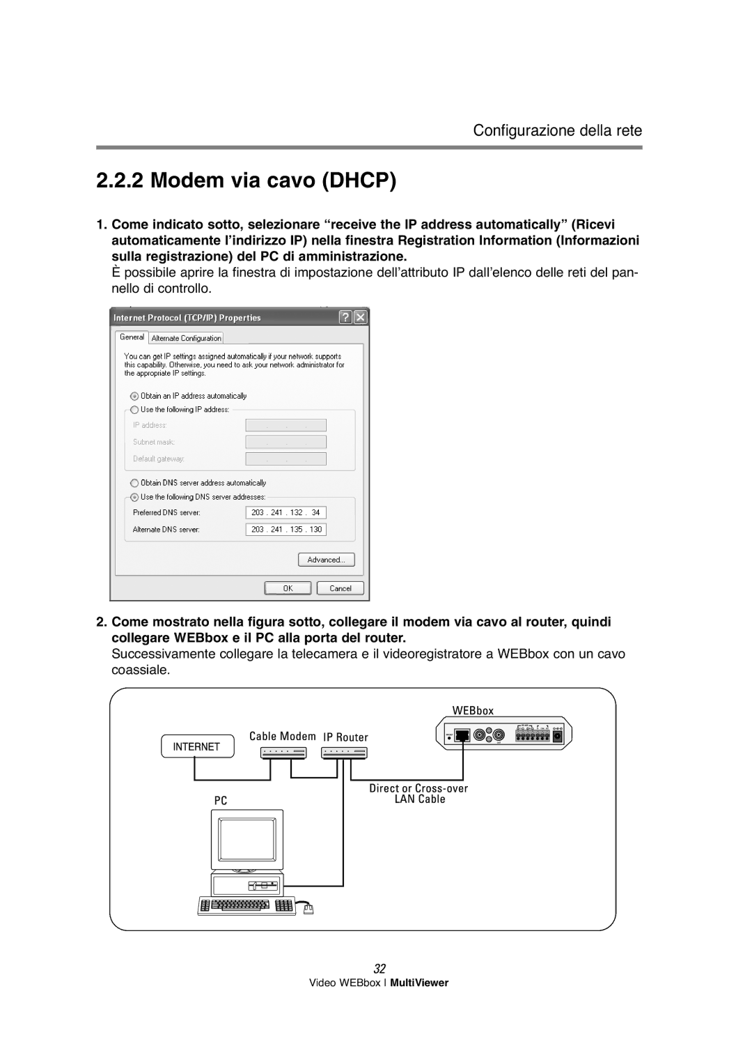 Samsung SNS-200P manual Modem via cavo Dhcp 