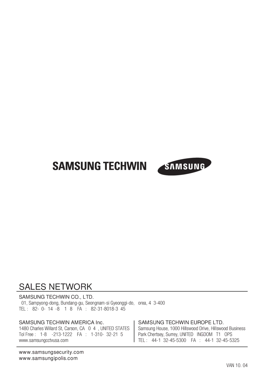 Samsung SNV-5080, SNB-5000, SND-5080F, SNB5000 user manual Sales Network 