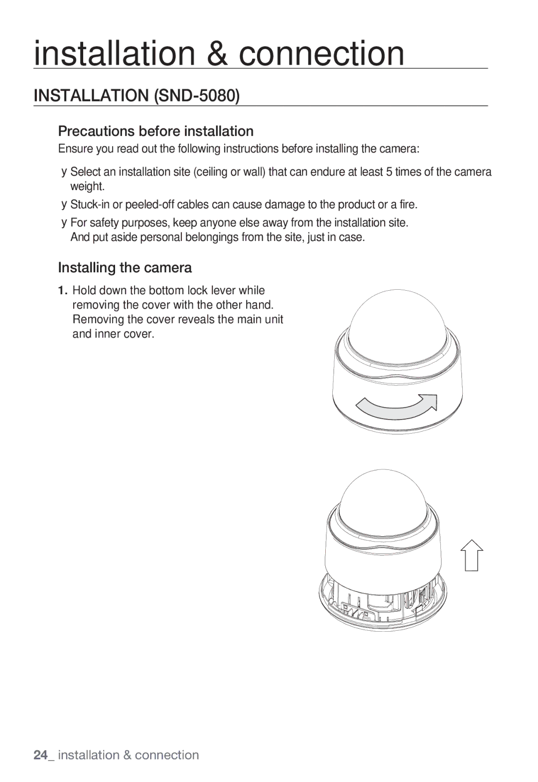 Samsung SNB5000, SNV-5080, SNB-5000, SND-5080F Installation SND-5080, Precautions before installation, Installing the camera 