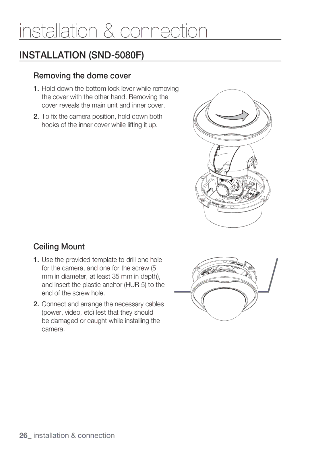 Samsung SNV-5080, SNB-5000, SNB5000 user manual Installation SND-5080F, Removing the dome cover, Ceiling Mount 