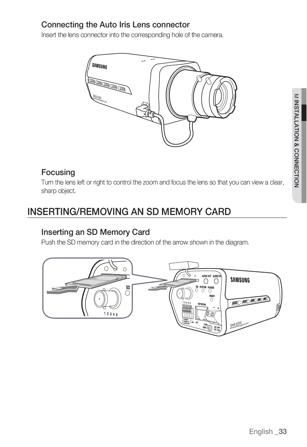 Samsung SND-5080F, SNV-5080 INSERTING/REMOVING AN SD Memory Card, Connecting the Auto Iris Lens connector, Focusing 