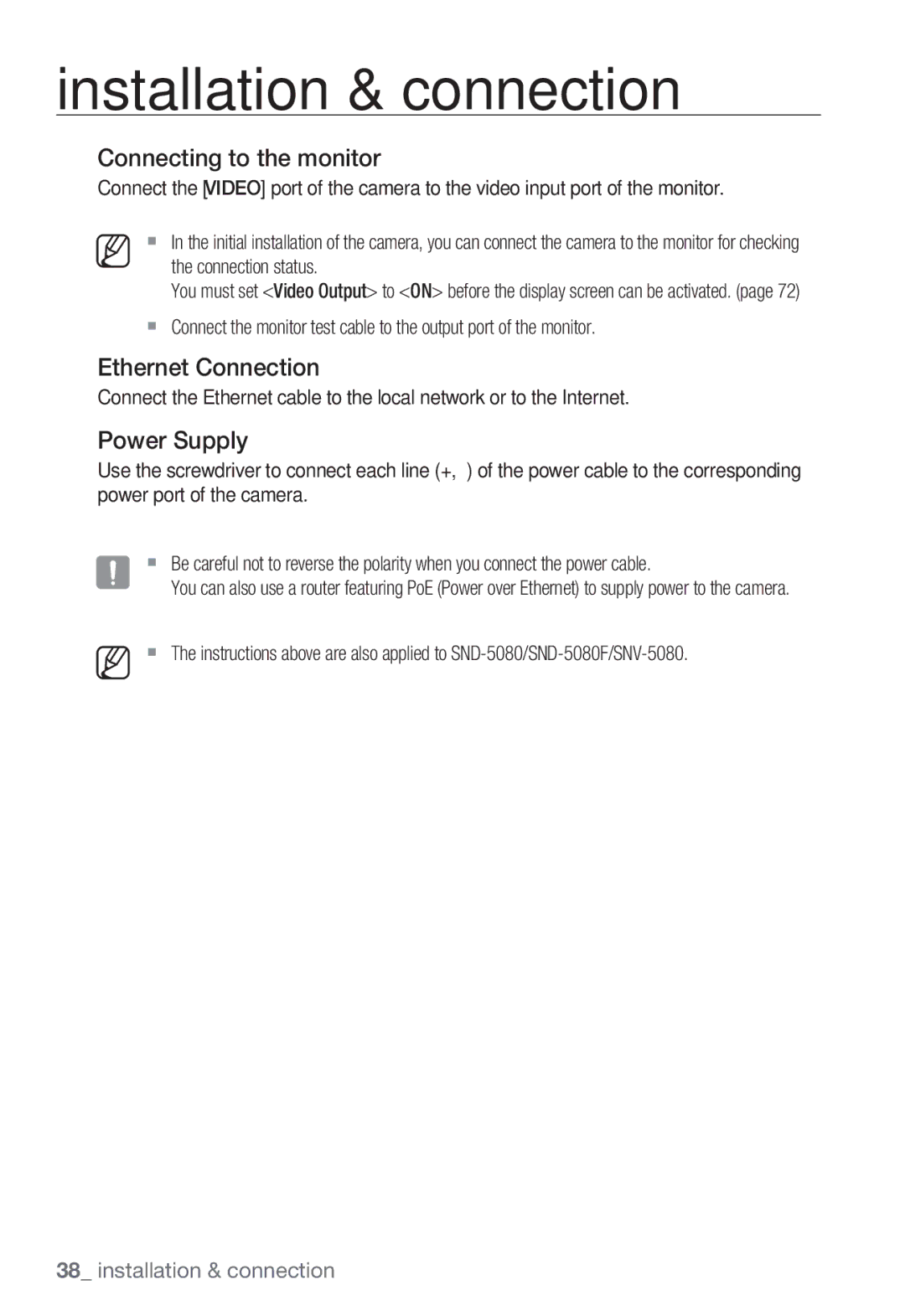 Samsung SND-5080F, SNV-5080, SNB-5000, SNB5000 user manual Connecting to the monitor, Ethernet Connection, Power Supply 