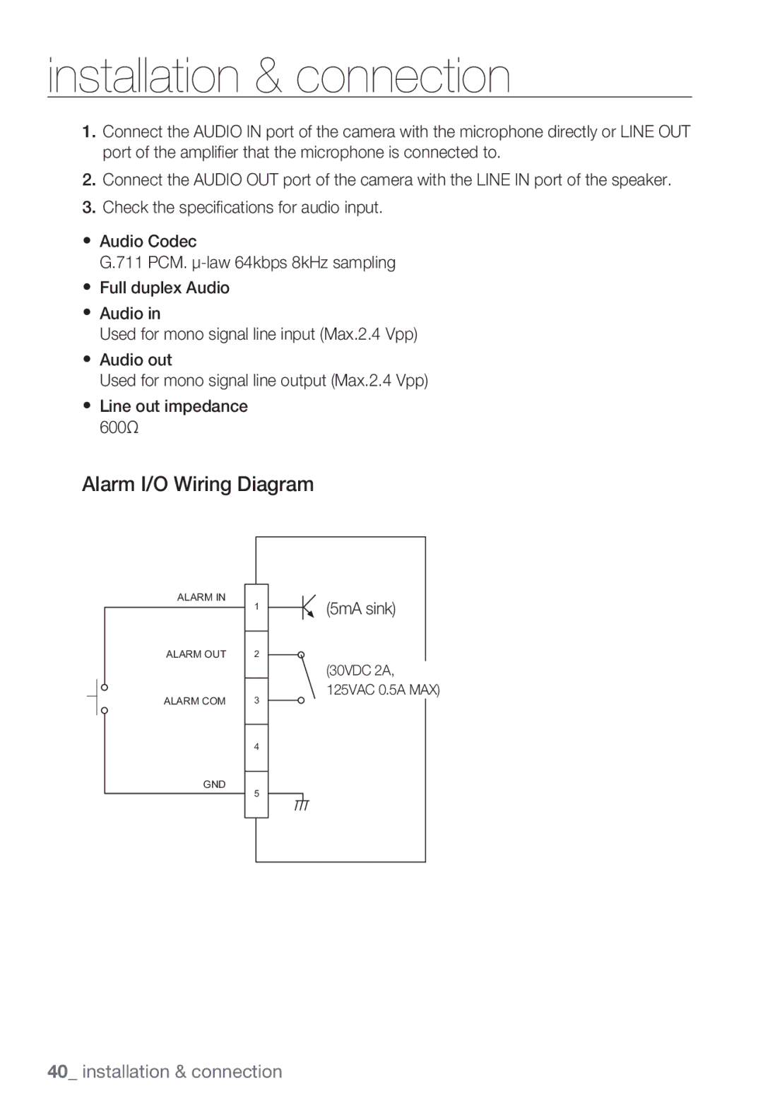 Samsung SNV-5080, SNB-5000, SND-5080F, SNB5000 user manual Alarm I/O Wiring Diagram, 5mA sink 