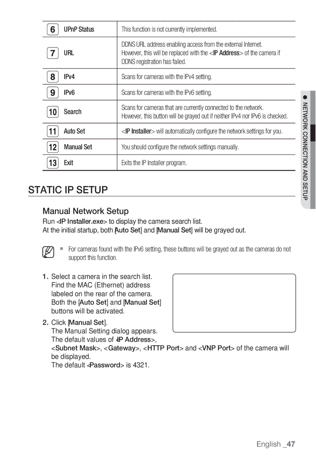 Samsung SNB-5000, SNV-5080, SND-5080F, SNB5000 user manual Static IP Setup, Manual Network Setup, Url 