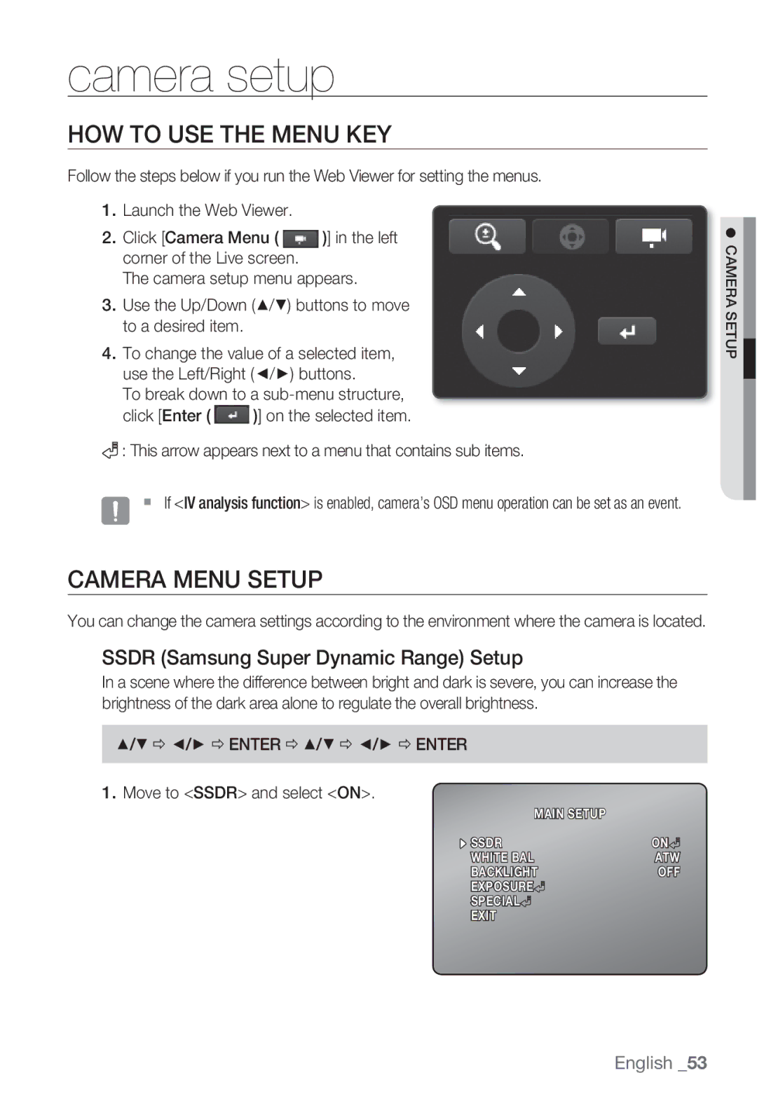 Samsung SND-5080F, SNV-5080, SNB-5000 HOW to USE the Menu KEY, Camera Menu Setup, Ssdr Samsung Super Dynamic Range Setup 